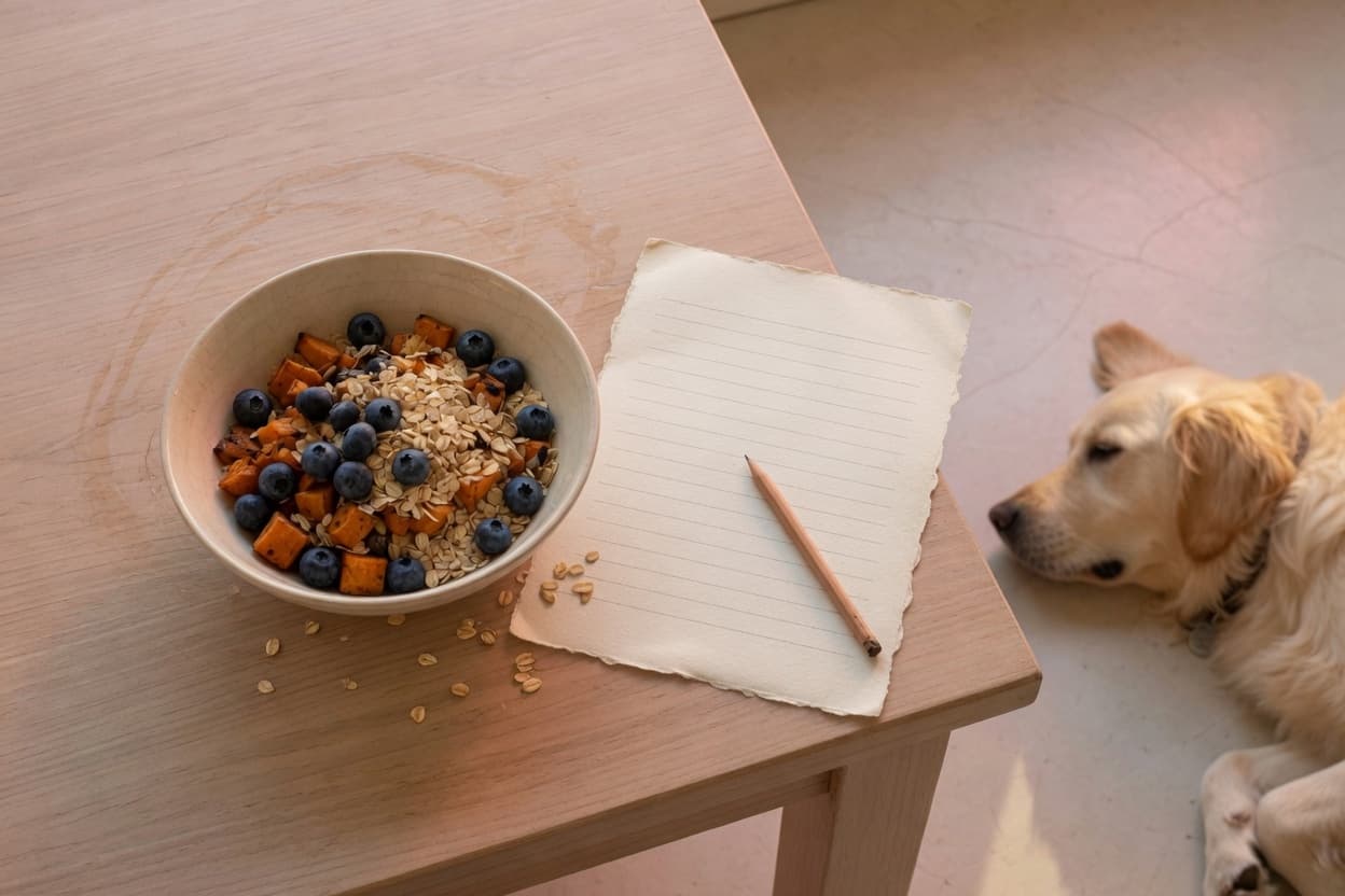 Mesa de consulta con un bowl de ingredientes, una hoja en blanco y un perro en reposo